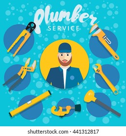 Set of vector plumber service concept design. Plumbing repair tools icons in flat style
