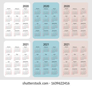 Set of vector pocket calendar 2020 2021 year. Minimal business simple clean design. English grid, week starts from sunday. 