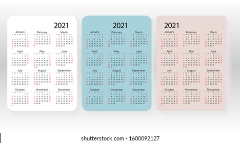 Set of vector pocket calendar 2021 year. Minimal business simple clean design. English grid, week starts from sunday. 