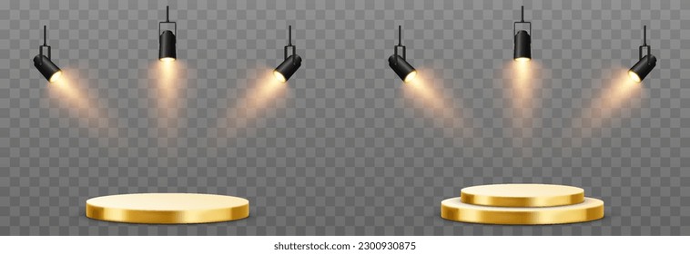 Set of vector podiums illuminated by spotlights. Podium png, spotlights png. Light sources, spotlights illuminate the pedestal, the stage. Light effect.