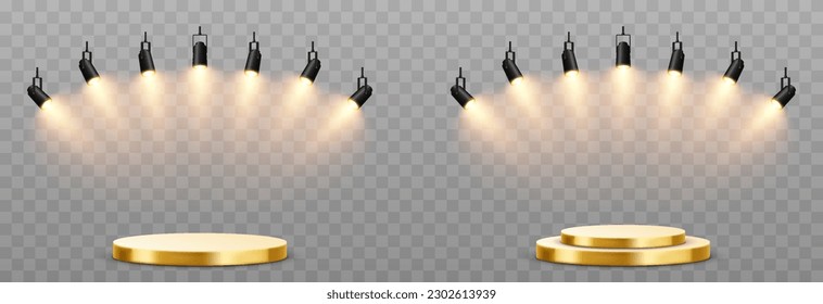 Set of vector podiums illuminated by spotlights. Podium png, spotlights png. Light sources, spotlights illuminate the pedestal, the stage. Light effect.