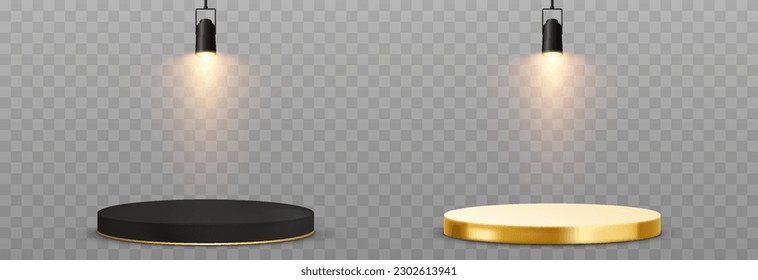 Set of vector podiums illuminated by spotlights. Podium png, spotlights png. Light sources, spotlights illuminate the pedestal, the stage. Light effect.