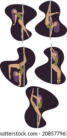 Set of vector pole dancer makes tricks