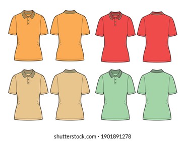 Set Of Vector Polo Shirt. Women's Shirt Template Isolated On White Background. Orange, Red, Beige And Mint Models