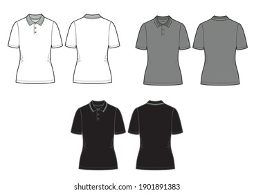 Set of vector polo shirt. Women's shirt template isolated on white background. White, grey and black models