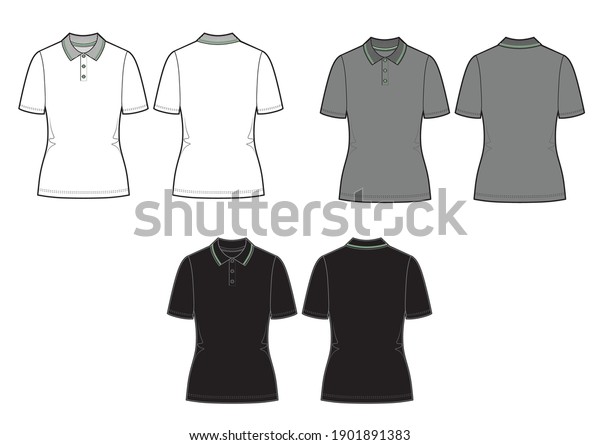Set of vector\
polo shirt. Women\'s shirt template isolated on white background.\
White, grey and black\
models