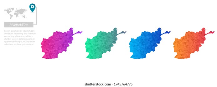 Set of vector polygonal Afghanistan maps. Bright gradient map of country in low poly style. Multicolored country map in geometric style for your infographics, polygonal design for your ,Vector eps 10.