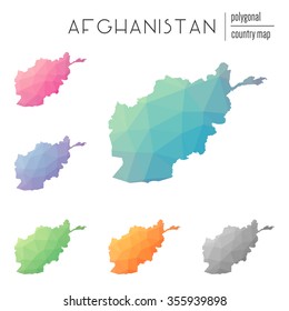 Set of vector polygonal Afghanistan maps. Bright gradient map of country in low poly style. Multicolored country map in geometric style for your infographics