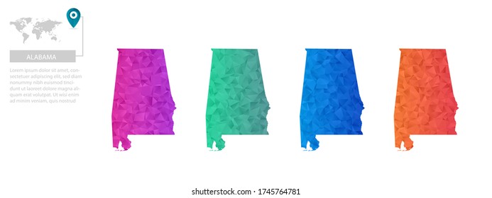 Conjunto de mapas vectoriales de Alabama poligonal. Mapa de degradado brillante de país con un estilo de polos bajo. Mapa de país multicolor en estilo geométrico para sus infografías, diseño poligonal para sus ,Vector eps 10.