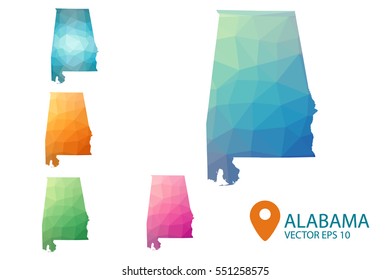 Set of vector polygonal Alabama state maps. Bright gradient map of country in low poly style. Multicolored country map in geometric style for your infographics. Vector illustration eps 10.
