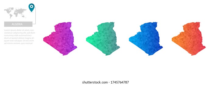 Set of vector polygonal Algeria maps. Bright gradient map of country in low poly style. Multicolored country map in geometric style for your infographics, polygonal design for your ,Vector eps 10.