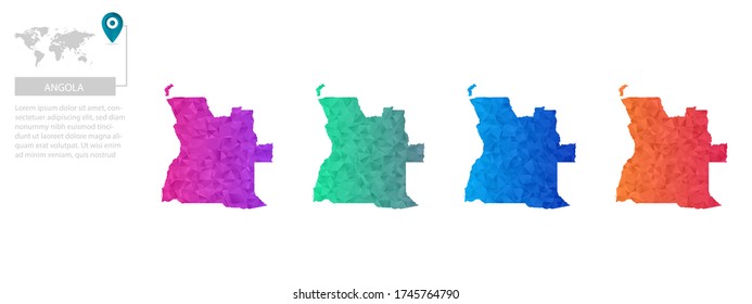 Set of vector polygonal Angola maps. Bright gradient map of country in low poly style. Multicolored country map in geometric style for your infographics, polygonal design for your ,Vector eps 10.