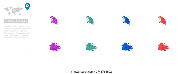 Set of vector polygonal Antigua and Barbuda maps. Bright gradient map of country in low poly style. Multicolored country map in geometric style for your infographics, polygonal design for your