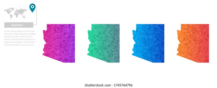 Set of vector polygonal Arizona maps. Bright gradient map of country in low poly style. Multicolored country map in geometric style for your infographics, polygonal design for your ,Vector eps 10.