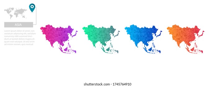 Set of vector polygonal Asia maps. Bright gradient map of country in low poly style. Multicolored country map in geometric style for your infographics, polygonal design for your ,Vector eps 10.