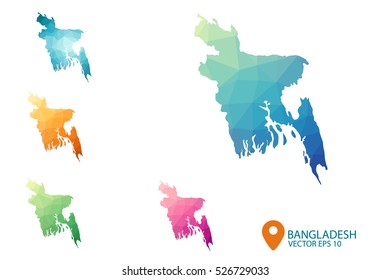 Set of vector polygonal Bangladesh maps. Bright gradient map of country in low poly style. Multicolored country map in geometric style for your infographics. Vector illustration eps 10.