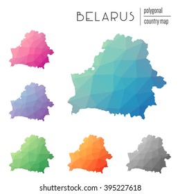 Set of vector polygonal Belarus maps. Bright gradient map of country in low poly style. Multicolored country map in geometric style for your infographics.