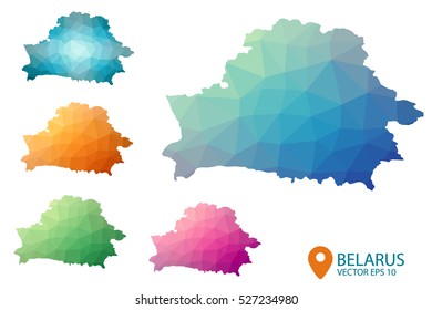 Set of vector polygonal Belarus maps. Bright gradient map of country in low poly style. Multicolored country map in geometric style for your infographics. Vector illustration eps 10.