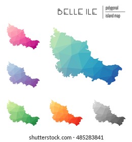 Set of vector polygonal Belle Ile maps filled with bright gradient of low poly art. Multicolored polygonal Belle Ile maps in geometric style for your infographics.