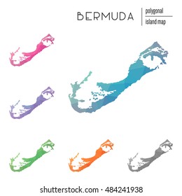 Set of vector polygonal Bermuda maps filled with bright gradient of low poly art. Multicolored polygonal Bermuda maps in geometric style for your infographics.