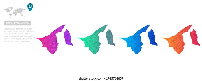 Set of vector polygonal Brunei Darussalam maps. Bright gradient map of country in low poly style. Multicolored country map in geometric style for your infographics