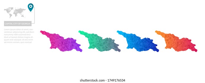 Conjunto de mapas vectoriales de la capital polígona de georgia. Mapa de degradado brillante de país con un estilo de polos bajo. Mapa de país multicolor en estilo geométrico para sus infografías, diseño poligonal para su ,Ve