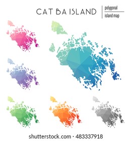 Set of vector polygonal Cat Ba Island maps filled with bright gradient of low poly art. Multicolored polygonal Cat Ba Island maps in geometric style for your infographics.