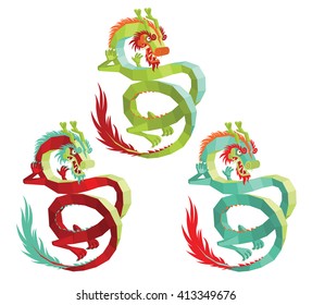 Set of Vector Polygonal Chinese Dragons. Legendary Creature in Chinese Mythology - Colorful Asian Dragon on a White Background. Vector Illustration of Modern Polygonal Chinese Dragon for Your Design.