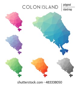 Set of vector polygonal Colon Island maps filled with bright gradient of low poly art. Multicolored polygonal Colon Island maps in geometric style for your infographics.