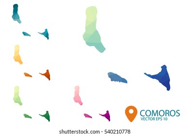 Set of vector polygonal Comoros maps. Bright gradient map of country in low poly style. Multicolored country map in geometric style for your infographics. Vector illustration eps 10.