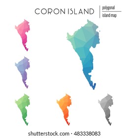 Set of vector polygonal Coron Island maps filled with bright gradient of low poly art. Multicolored polygonal Coron Island maps in geometric style for your infographics.