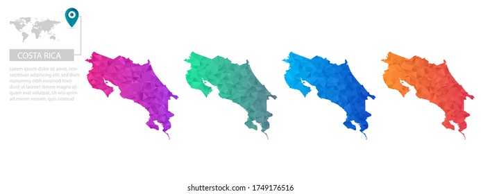 Set of vector polygonal Costa Rica maps. Bright gradient map of country in low poly style. Multicolored country map in geometric style for your infographics, polygonal design for your ,Vector eps 10.