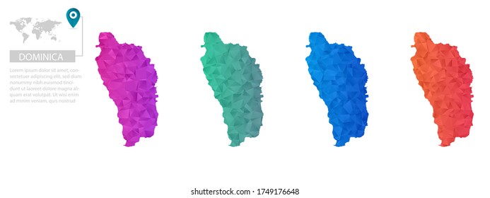 Conjunto de mapas vectoriales de Dominica poligonal. Mapa de degradado brillante de país con un estilo de polos bajo. Mapa de país multicolor en estilo geométrico para sus infografías, diseño poligonal para sus ,Vector eps 10.