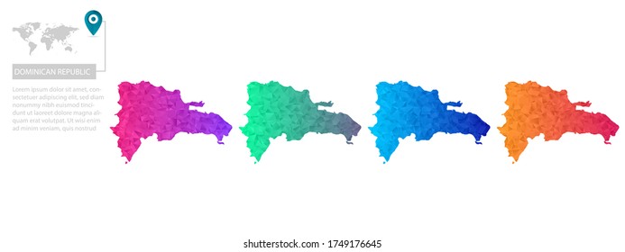 Set of vector polygonal Dominican Republic maps. Bright gradient map of country in low poly style. Multicolored country map in geometric style for your infographics, polygonal design for your 