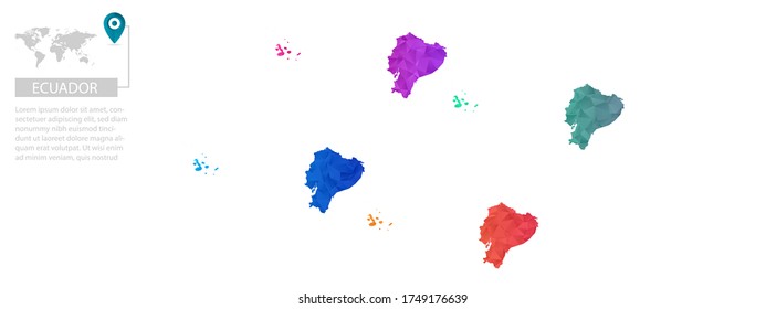 Conjunto de mapas vectoriales poligonales de Ecuador. Mapa de degradado brillante de país con un estilo de polos bajo. Mapa de país multicolor en estilo geométrico para sus infografías, diseño poligonal para sus ,Vector eps 10.