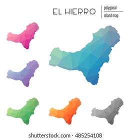 Set of vector polygonal El Hierro maps filled with bright gradient of low poly art. Multicolored polygonal El Hierro maps in geometric style for your infographics.