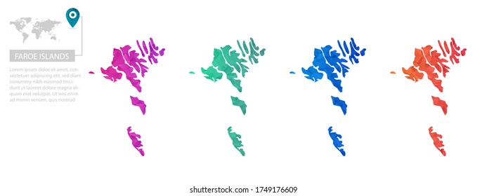 Conjunto de mapas vectoriales de las Islas Feroe. Mapa de degradado brillante de país con un estilo de polos bajo. Mapa de país multicolor en estilo geométrico para sus infografías, diseño poligonal para sus ,Vector eps 1