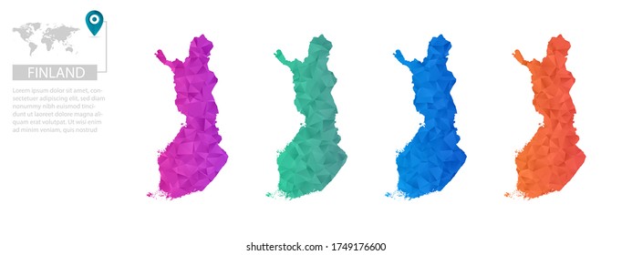 Conjunto de mapas vectoriales de Finlandia polígona. Mapa de degradado brillante de país con un estilo de polos bajo. Mapa de país multicolor en estilo geométrico para sus infografías, diseño poligonal para sus ,Vector eps 10.