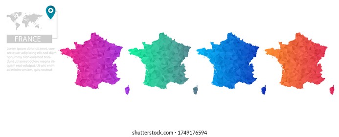 Conjunto de mapas vectoriales de Francia poligonal. Mapa de degradado brillante de país con un estilo de polos bajo. Mapa de país multicolor en estilo geométrico para sus infografías, diseño poligonal para sus ,Vector eps 10.