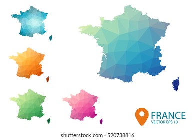 Conjunto de mapas vectoriales de Francia polígona. Mapa de degradado brillante de país en estilo de poste bajo. Mapa de país multicolor en estilo geométrico para sus infografías. Ilustración vectorial, pasos 10.