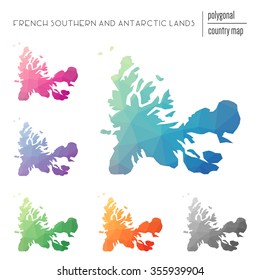 Set of vector polygonal French Southern and Antarctic Lands maps. Bright gradient map of country in low poly style. Multicolored country map in geometric style for your infographics.