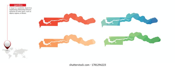Conjunto de mapas vectoriales de Gambia polígono. Mapa de degradado brillante de país con un estilo de polos bajo. Mapa de país multicolor en estilo geométrico para sus infografías, diseño poligonal para sus ,Vector eps 10.
