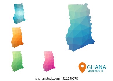 Set of vector polygonal Ghana maps. Bright gradient map of country in low poly style. Multicolored country map in geometric style for your infographics. Vector illustration eps 10.