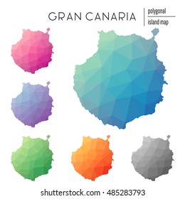 Set of vector polygonal Gran Canaria maps filled with bright gradient of low poly art. Multicolored polygonal Gran Canaria maps in geometric style for your infographics.