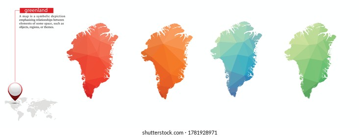Satz von vektorpolygonalen Grönlandkarten. Helle Farbverlauf-Karte des Landes im Low-Poly-Stil. Mehrfarbige Landkarte im geometrischen Stil für Ihre Infografiken, mehrfarbiges Design für Ihre ,Vector eps10.
