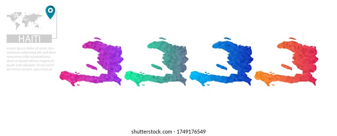 Conjunto de mapas vectoriales poligonales de Haití. Mapa de degradado brillante de país con un estilo de polos bajo. Mapa de país multicolor en estilo geométrico para sus infografías, diseño poligonal para sus ,Vector eps 10.