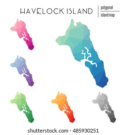 Set of vector polygonal Havelock Island maps filled with bright gradients in a low poly art style. Multicolored polygonal Havelock Island maps in geometric style for your infographics.