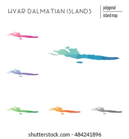 Set of vector polygonal Hvar & Dalmatian Islands maps filled with bright gradient of low poly art. Multicolored polygonal Hvar & Dalmatian Islands maps in geometric style for your infographics.