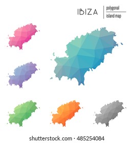 Set of vector polygonal Ibiza maps filled with bright gradients in a low poly art style. Multicolored polygonal Ibiza maps in geometric style for your infographics.