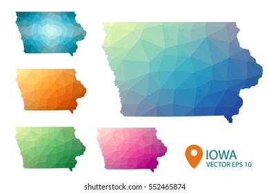 Set of vector polygonal Iowa state maps. Bright gradient map of country in low poly style. Multicolored country map in geometric style for your infographics. Vector illustration eps 10.